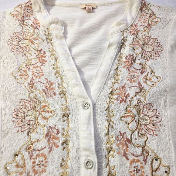 Reba Women's Cream Blouse Lace/ Embroidery subtle Rhinestones  Size L Roll-Tab - Picture 4 of 5